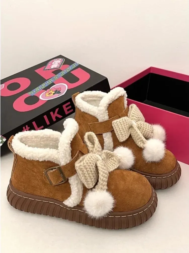 Hnzxzm Winter Slip-on Snow Boots Women's Fleece Thickened Bow Cotton Ankle Shoes Outwear Warm Plush Mid Heel Kawaii Girls Shoes