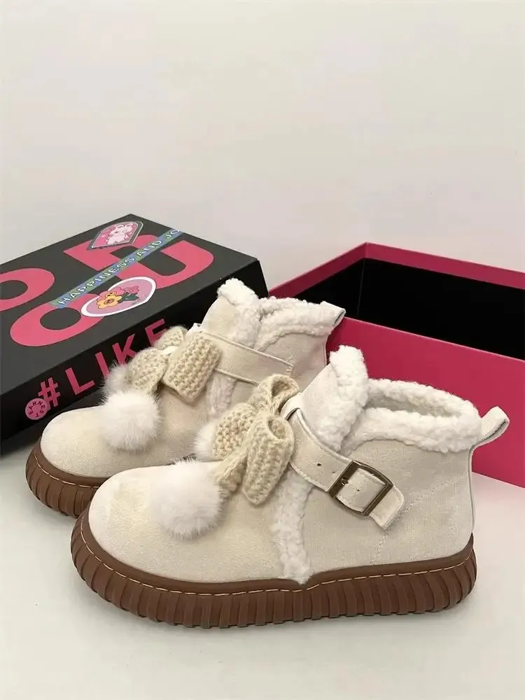 Hnzxzm Winter Slip-on Snow Boots Women's Fleece Thickened Bow Cotton Ankle Shoes Outwear Warm Plush Mid Heel Kawaii Girls Shoes