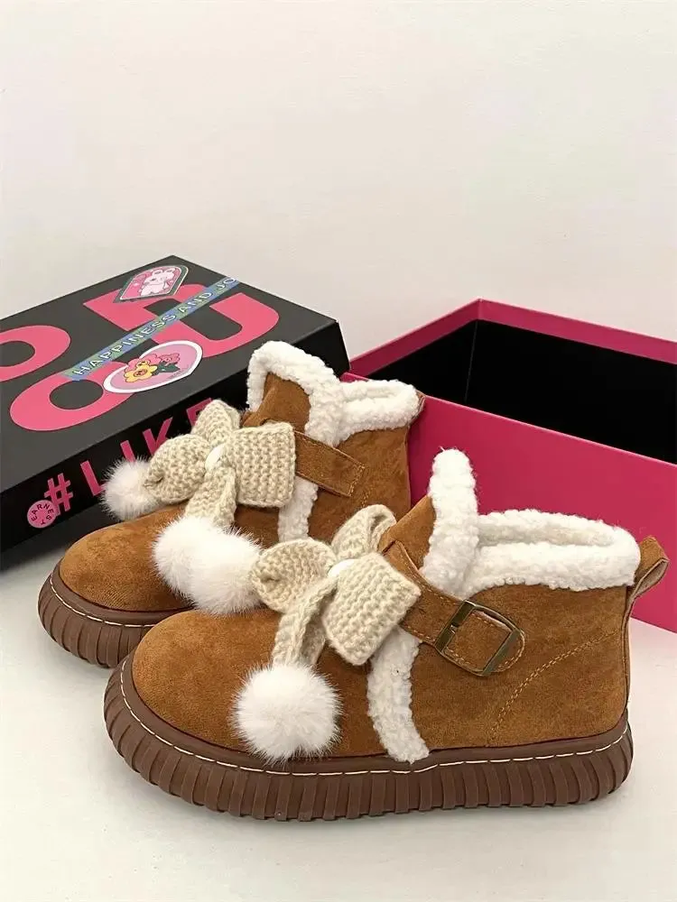 Hnzxzm Winter Slip-on Snow Boots Women's Fleece Thickened Bow Cotton Ankle Shoes Outwear Warm Plush Mid Heel Kawaii Girls Shoes
