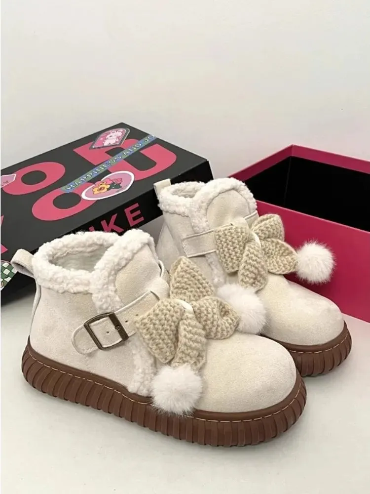 Hnzxzm Winter Slip-on Snow Boots Women's Fleece Thickened Bow Cotton Ankle Shoes Outwear Warm Plush Mid Heel Kawaii Girls Shoes