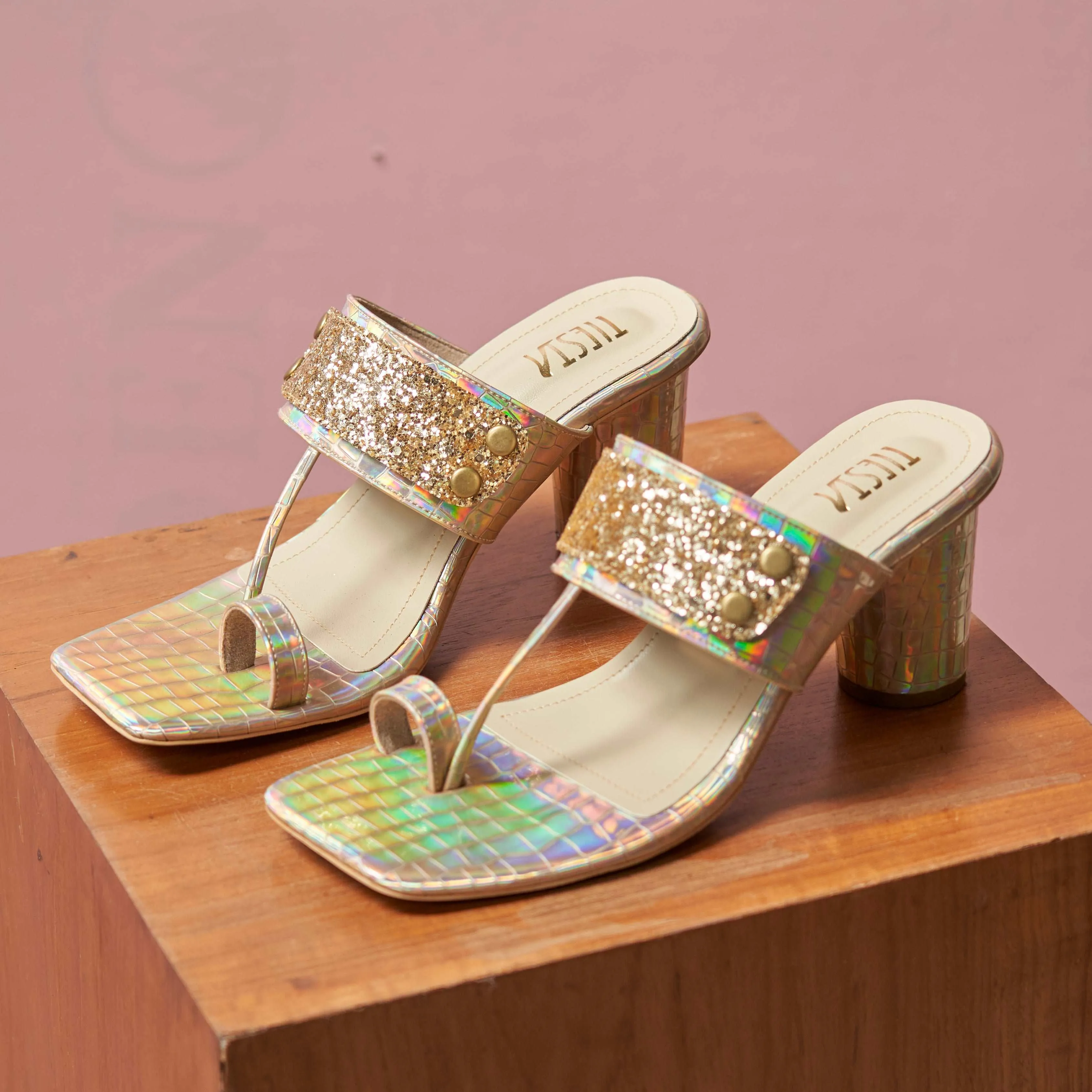 Kolas - Iridescent Gold Kolhapuri Block Heels with Changeable Straps