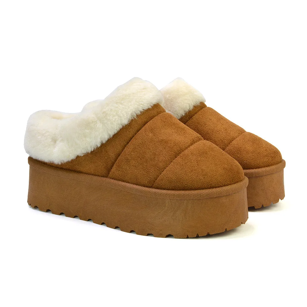 Laylin Faux Fur Platform Slipper Micro Ultra Mini Boots In Chestnut