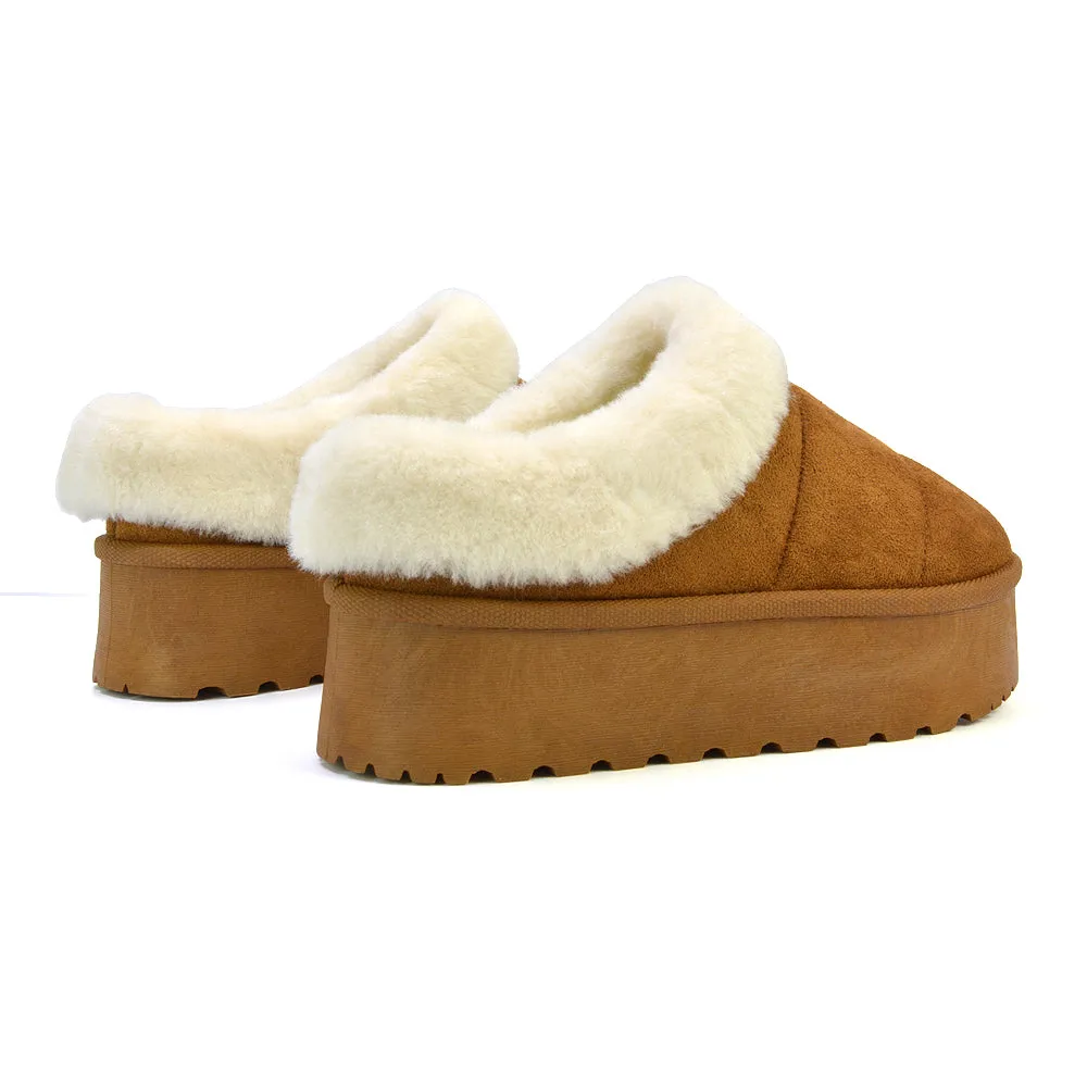 Laylin Faux Fur Platform Slipper Micro Ultra Mini Boots In Chestnut