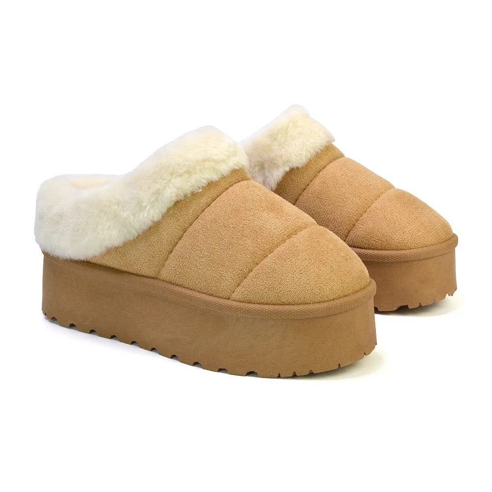 Laylin Faux Fur Platform Slipper Micro Ultra Mini Boots In Chestnut
