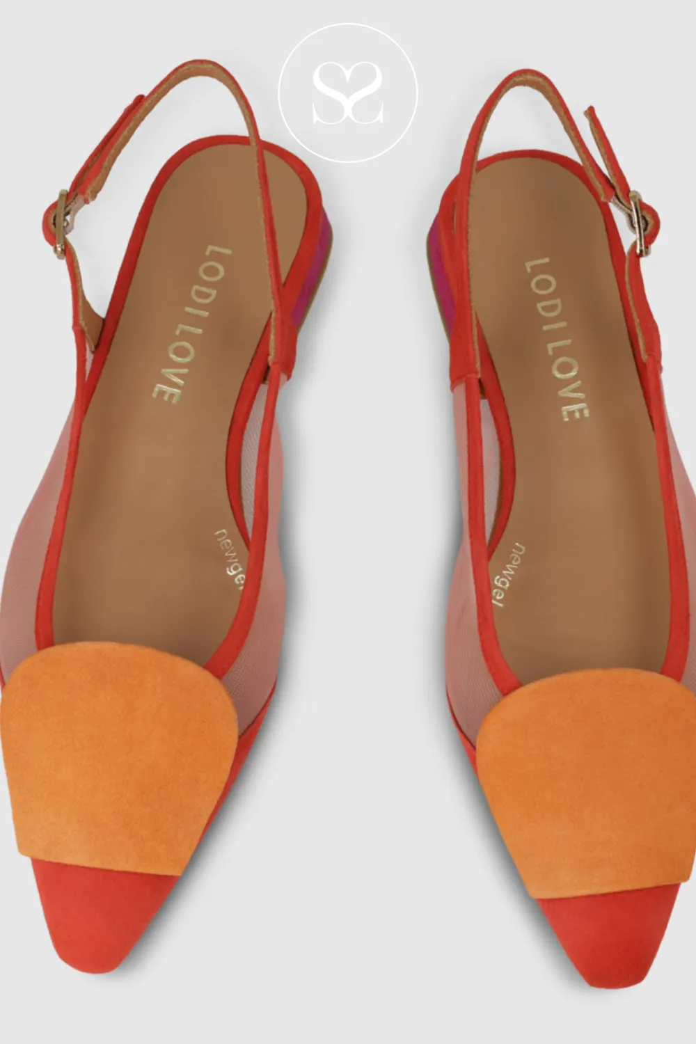 LODI BRO5264 RED SUEDE AND MESH FLAT POINTED TOE SLINGBACK