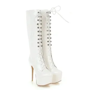 Merendy Syriana Platform High Heels Lace-up White Victorian Knee High Boots