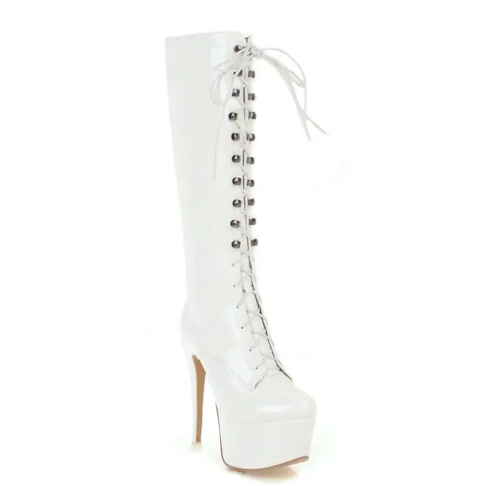 Merendy Syriana Platform High Heels Lace-up White Victorian Knee High Boots