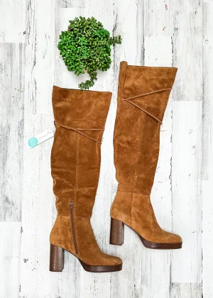 NEW Free People Brown Cognac Suede Echo Platform Over the Knee Boots (38.5)