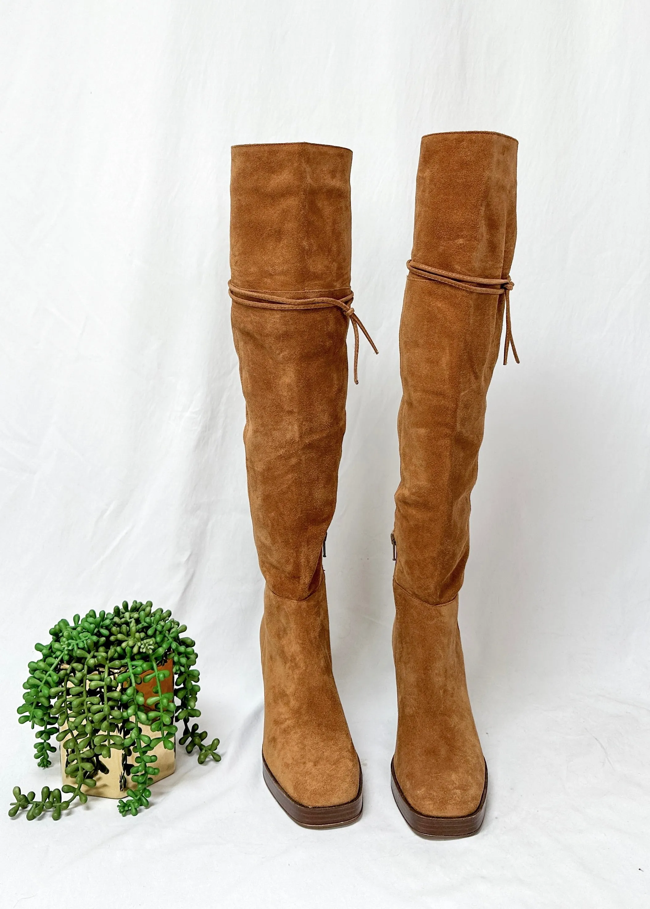 NEW Free People Brown Cognac Suede Echo Platform Over the Knee Boots (38.5)