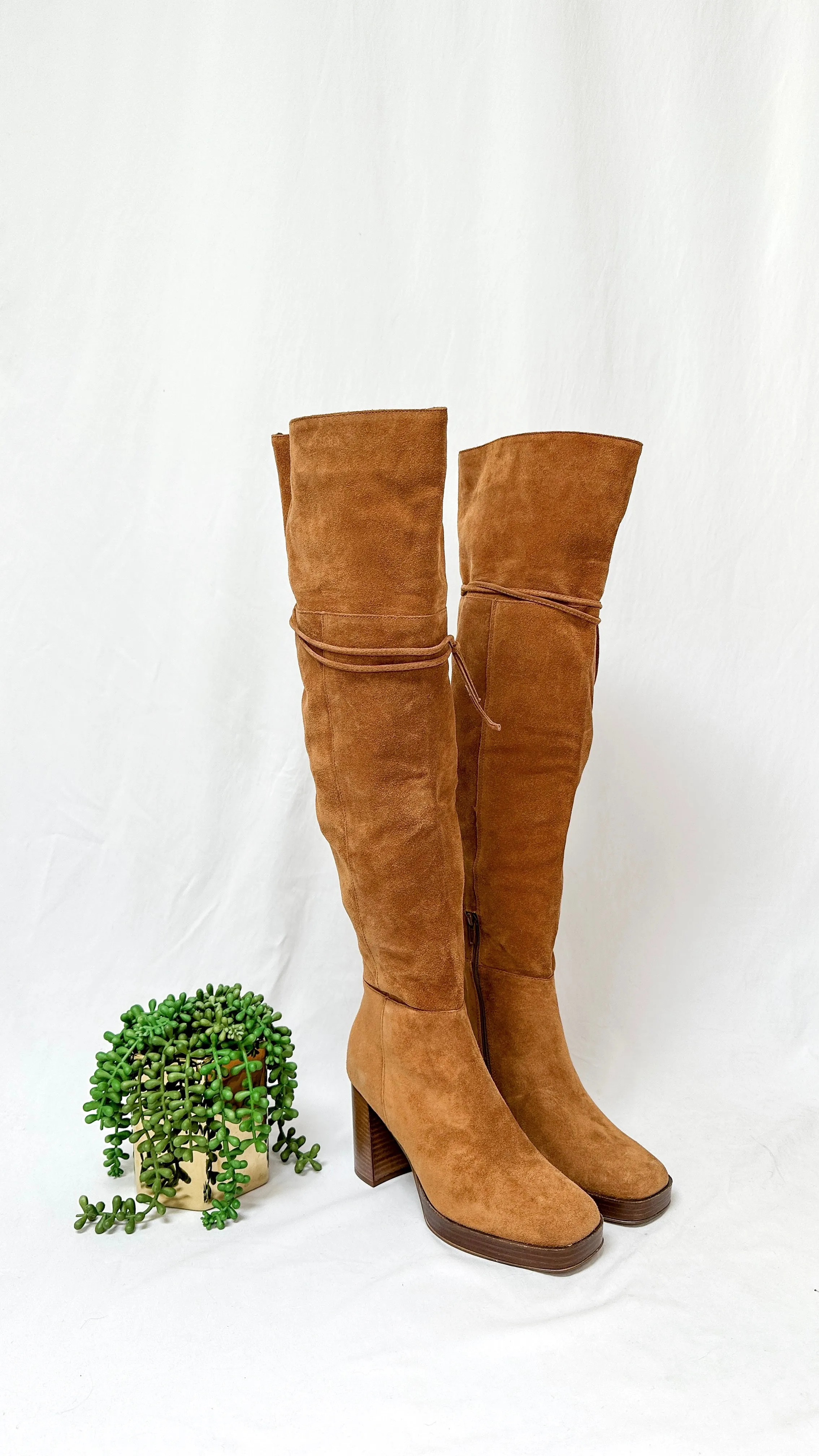NEW Free People Brown Cognac Suede Echo Platform Over the Knee Boots (38.5)