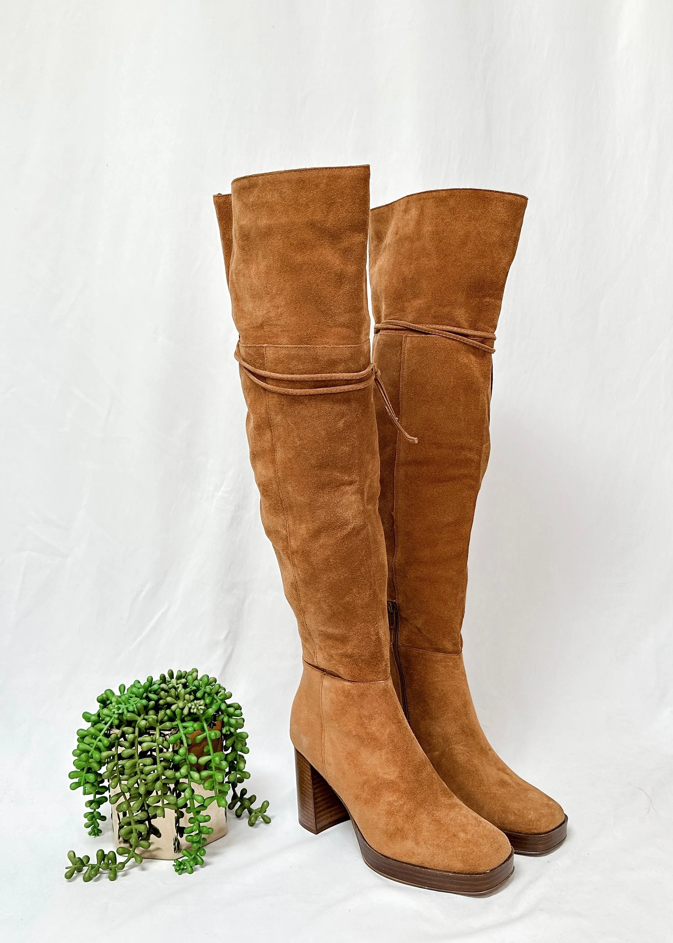 NEW Free People Brown Cognac Suede Echo Platform Over the Knee Boots (38.5)