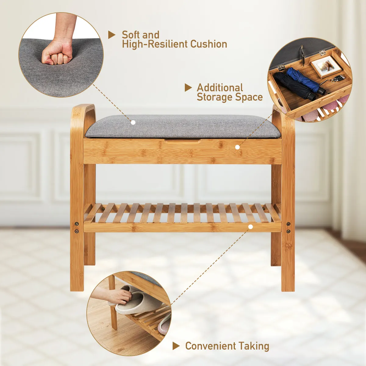 NNECW Bamboo Shoe Rack Bench with Storage Shelf for Entryway