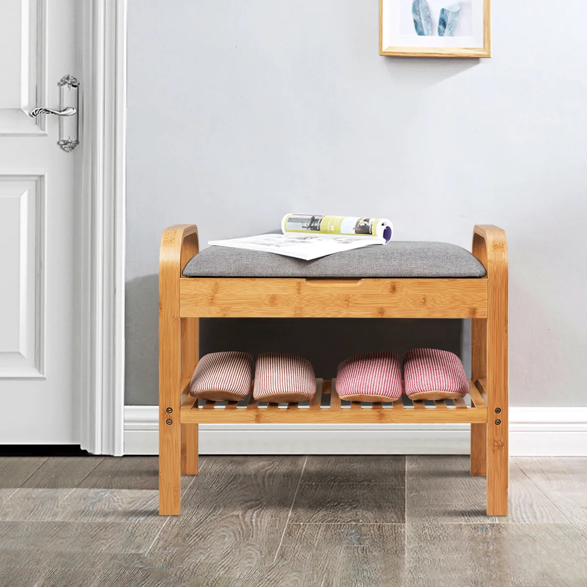 NNECW Bamboo Shoe Rack Bench with Storage Shelf for Entryway