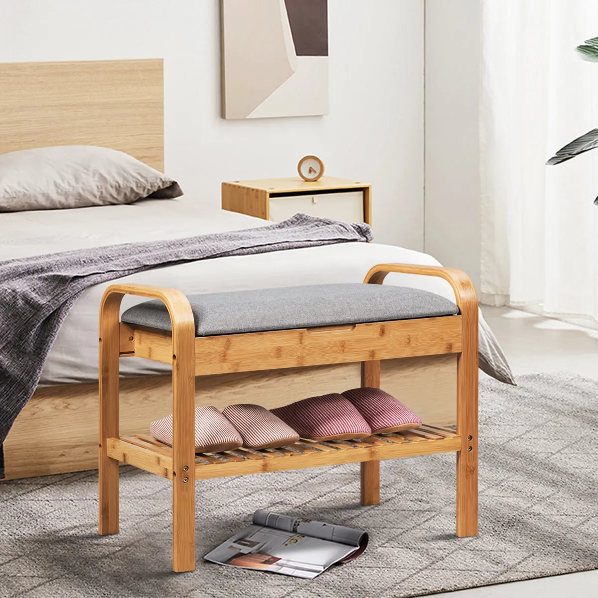 NNECW Bamboo Shoe Rack Bench with Storage Shelf for Entryway
