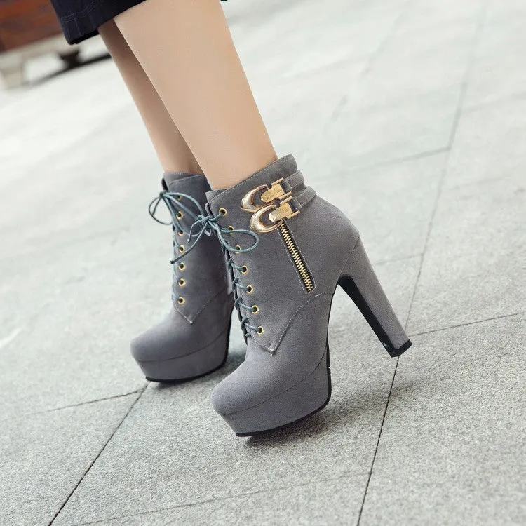 Pointed Lace Up Middle Chunky Heels Short Boots