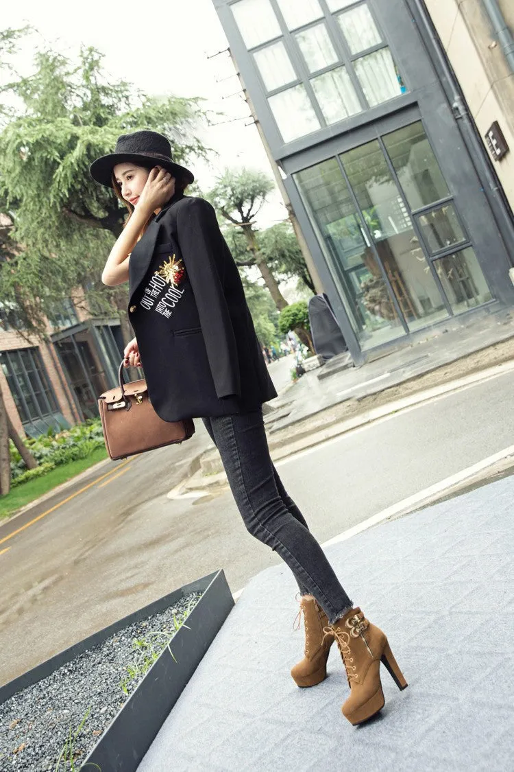 Pointed Lace Up Middle Chunky Heels Short Boots