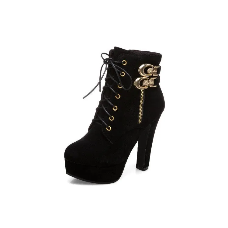 Pointed Lace Up Middle Chunky Heels Short Boots