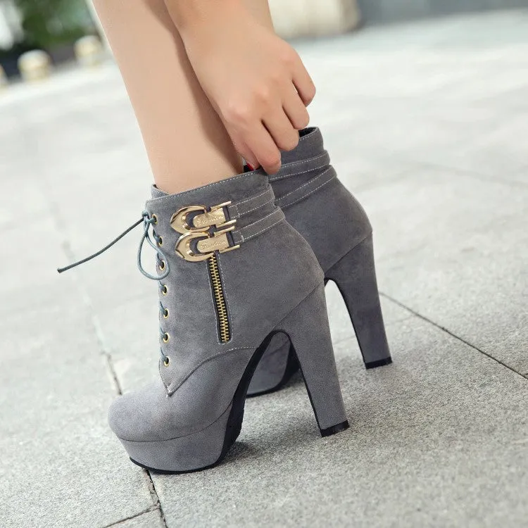 Pointed Lace Up Middle Chunky Heels Short Boots