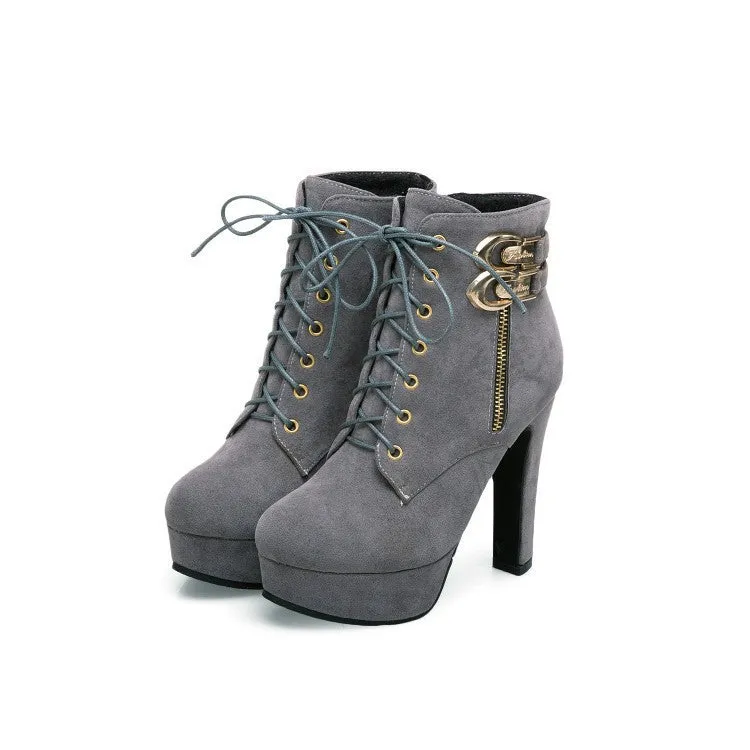 Pointed Lace Up Middle Chunky Heels Short Boots