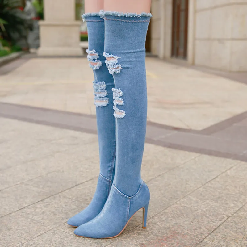 Pointed Side Zipper Denim High Tube Elastic Boots
