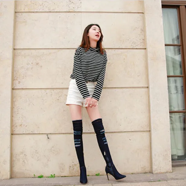 Pointed Side Zipper Denim High Tube Elastic Boots