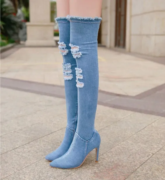 Pointed Side Zipper Denim High Tube Elastic Boots