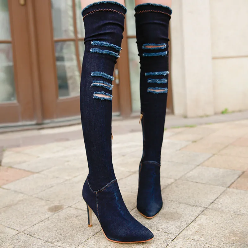 Pointed Side Zipper Denim High Tube Elastic Boots