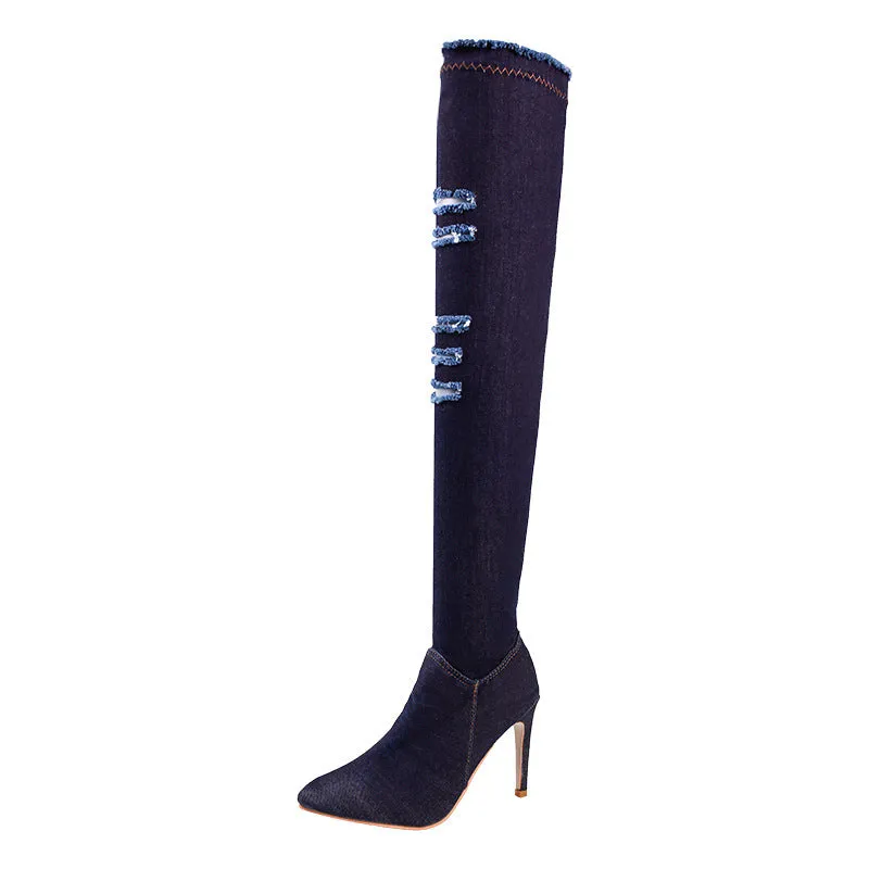 Pointed Side Zipper Denim High Tube Elastic Boots