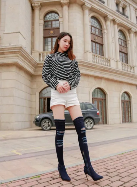 Pointed Side Zipper Denim High Tube Elastic Boots