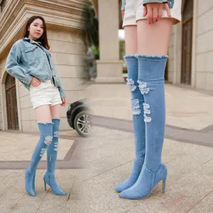 Pointed Side Zipper Denim High Tube Elastic Boots