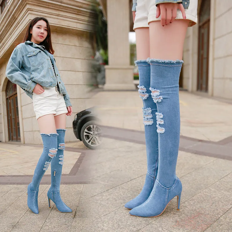 Pointed Side Zipper Denim High Tube Elastic Boots