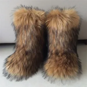 Raccoon Dog Fox Fur Snow Boots – High Top Winter Flat Boots in Brown