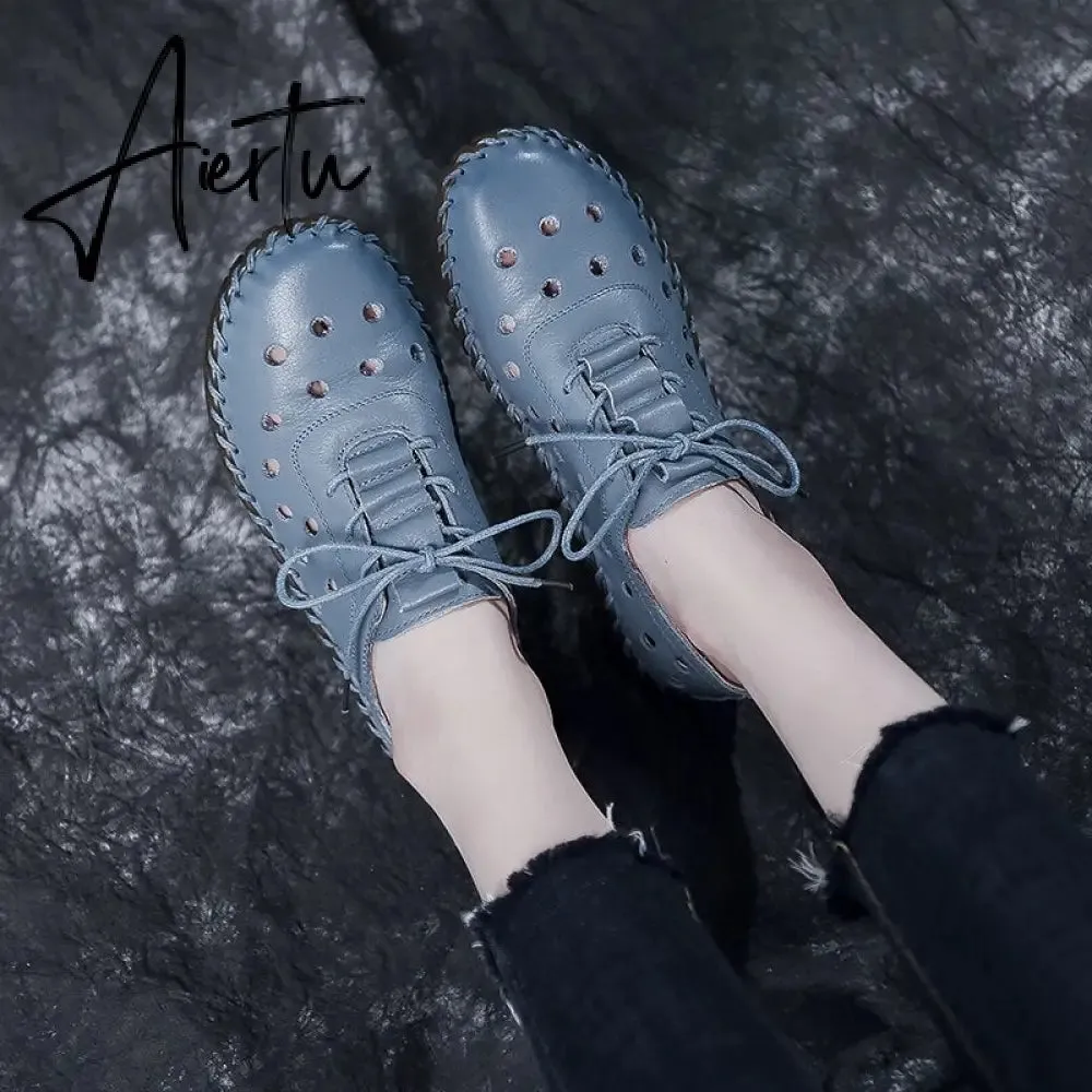 Soft Sole Hollow Single Shoes Women Vintage Leather Low Heels Casual Shoes Woman Outdoor Lace Up Non Slip Loafers