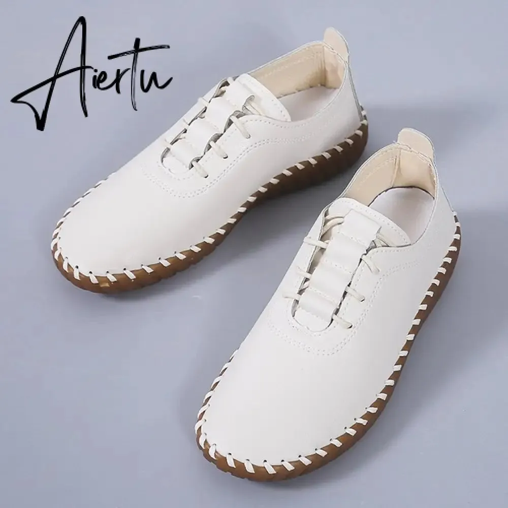 Soft Sole Hollow Single Shoes Women Vintage Leather Low Heels Casual Shoes Woman Outdoor Lace Up Non Slip Loafers