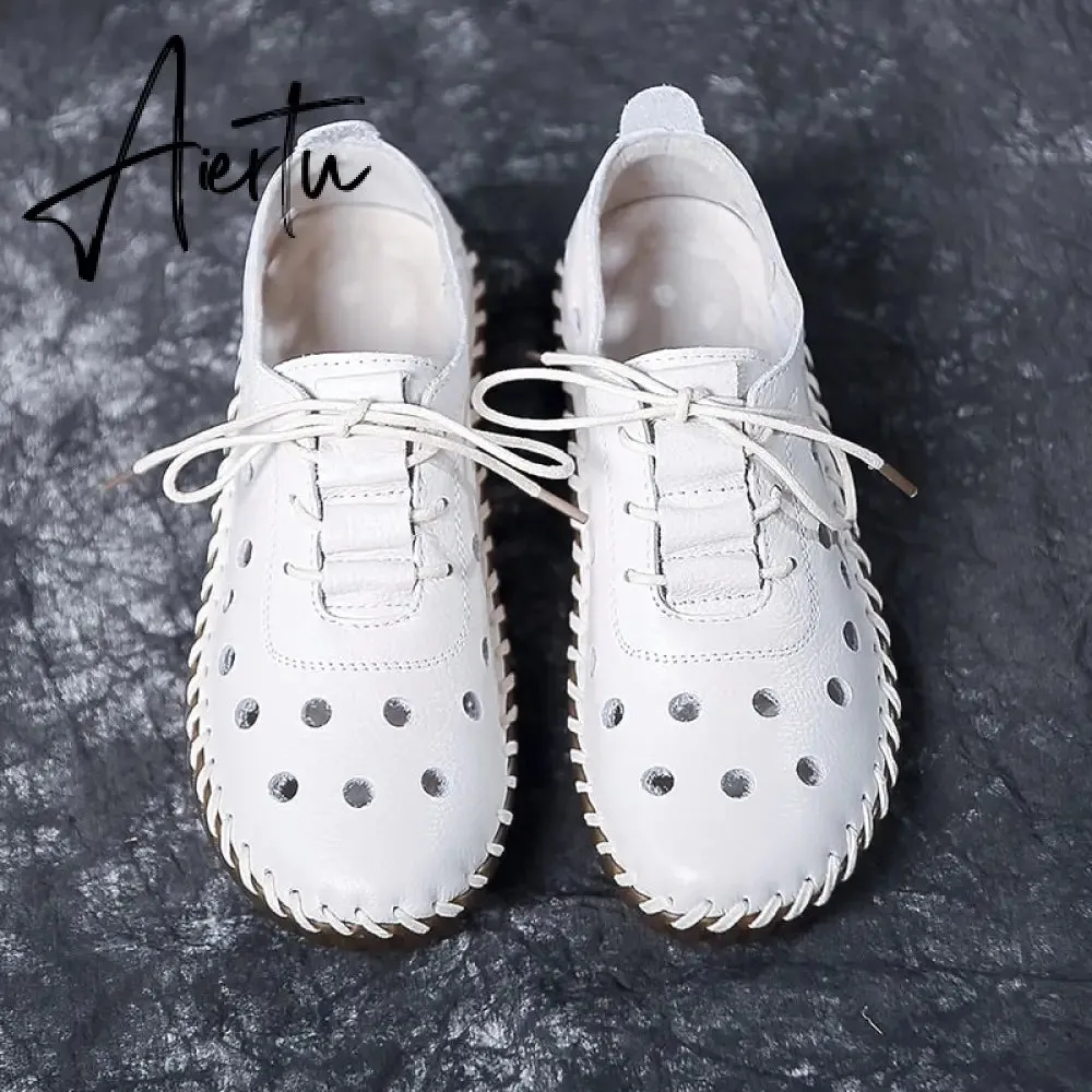 Soft Sole Hollow Single Shoes Women Vintage Leather Low Heels Casual Shoes Woman Outdoor Lace Up Non Slip Loafers