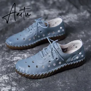 Soft Sole Hollow Single Shoes Women Vintage Leather Low Heels Casual Shoes Woman Outdoor Lace Up Non Slip Loafers
