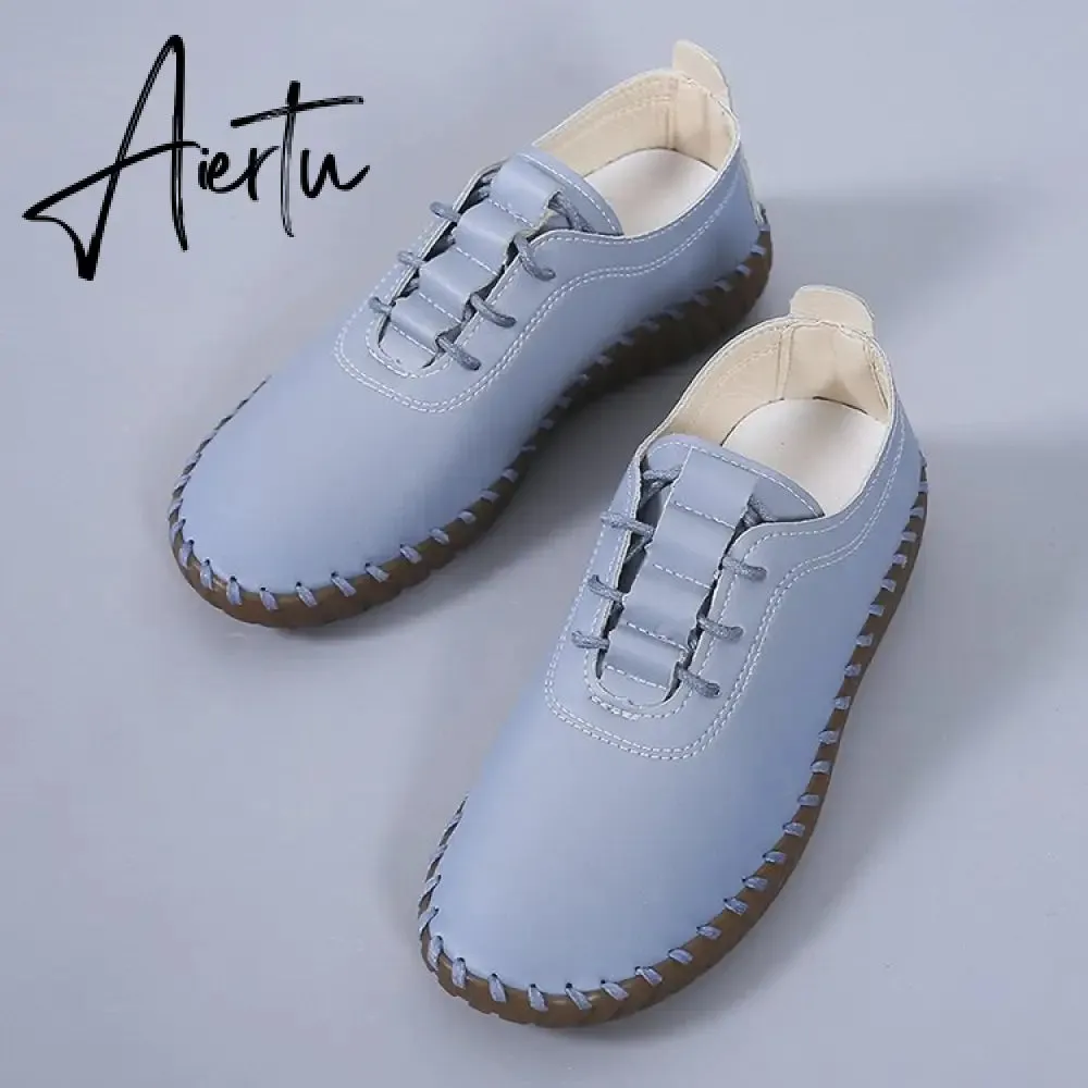 Soft Sole Hollow Single Shoes Women Vintage Leather Low Heels Casual Shoes Woman Outdoor Lace Up Non Slip Loafers