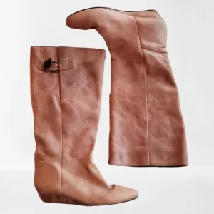 Steve by Steve Madden Beige Leather Knee High Boots With Small Wedge Heels 8M
