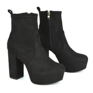 Sunny Platform Sock Ankle Boots Chunky Heeled Vegan Booties In Black Faux Suede