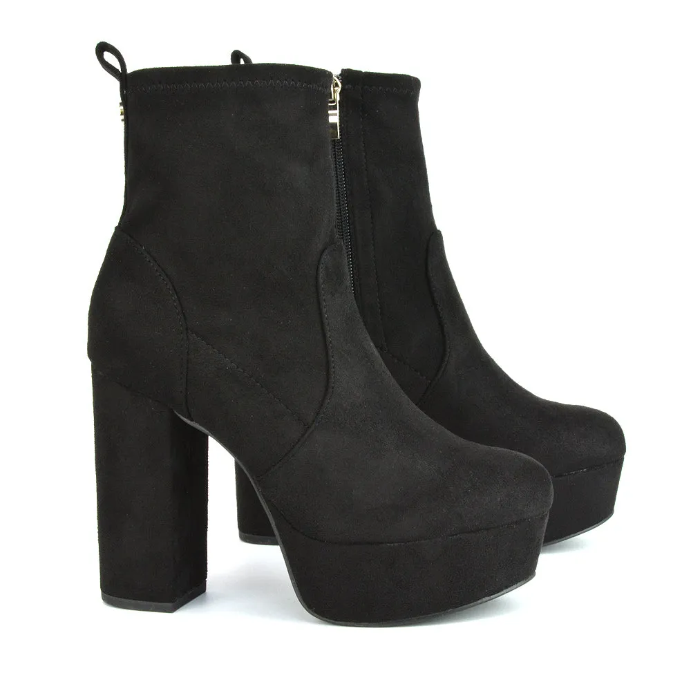 Sunny Platform Sock Ankle Boots Chunky Heeled Vegan Booties In Black Faux Suede