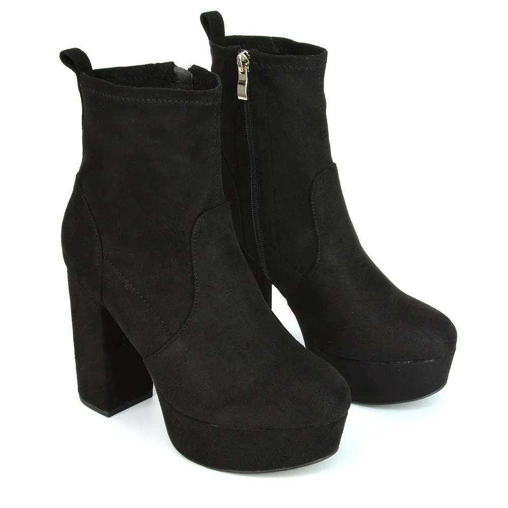 Sunny Platform Sock Ankle Boots Chunky Heeled Vegan Booties In Black Faux Suede
