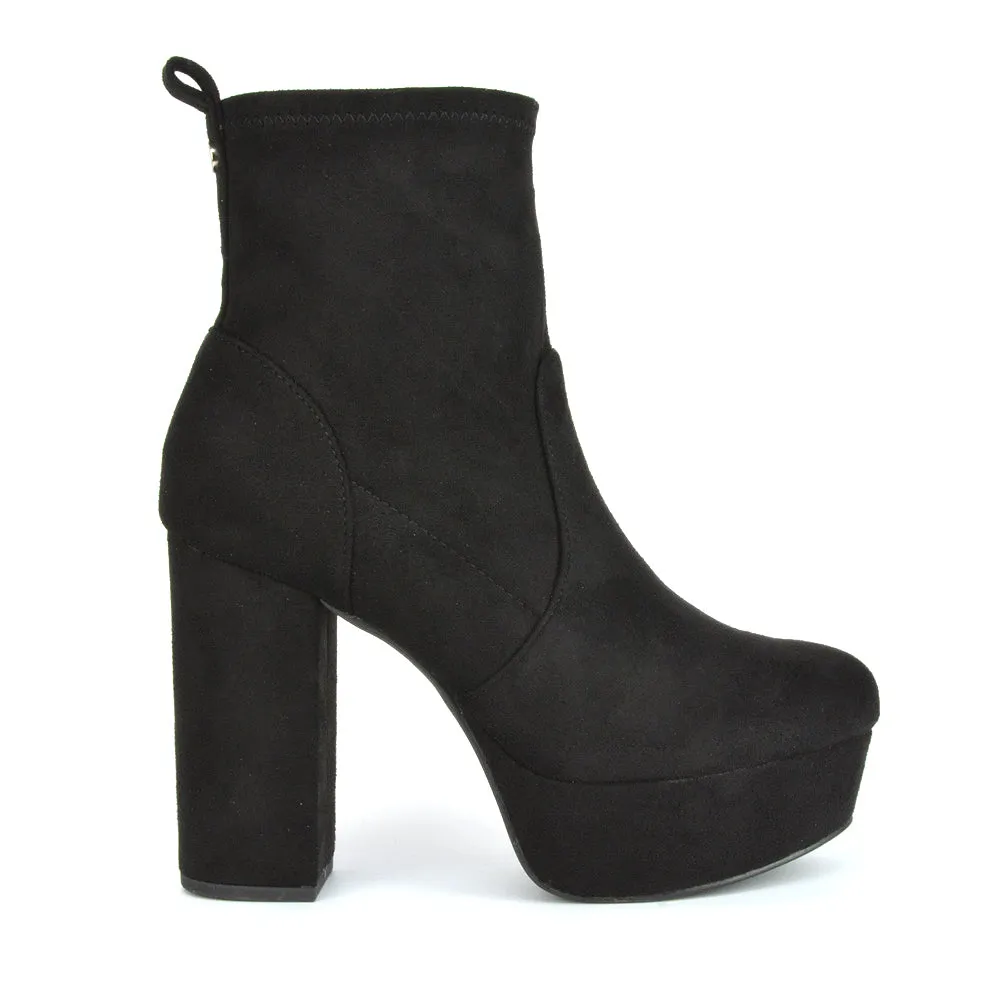 Sunny Platform Sock Ankle Boots Chunky Heeled Vegan Booties In Black Faux Suede