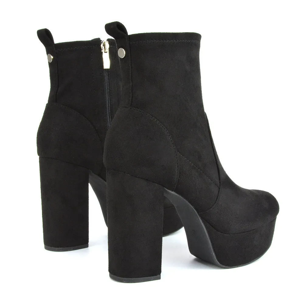 Sunny Platform Sock Ankle Boots Chunky Heeled Vegan Booties In Black Faux Suede