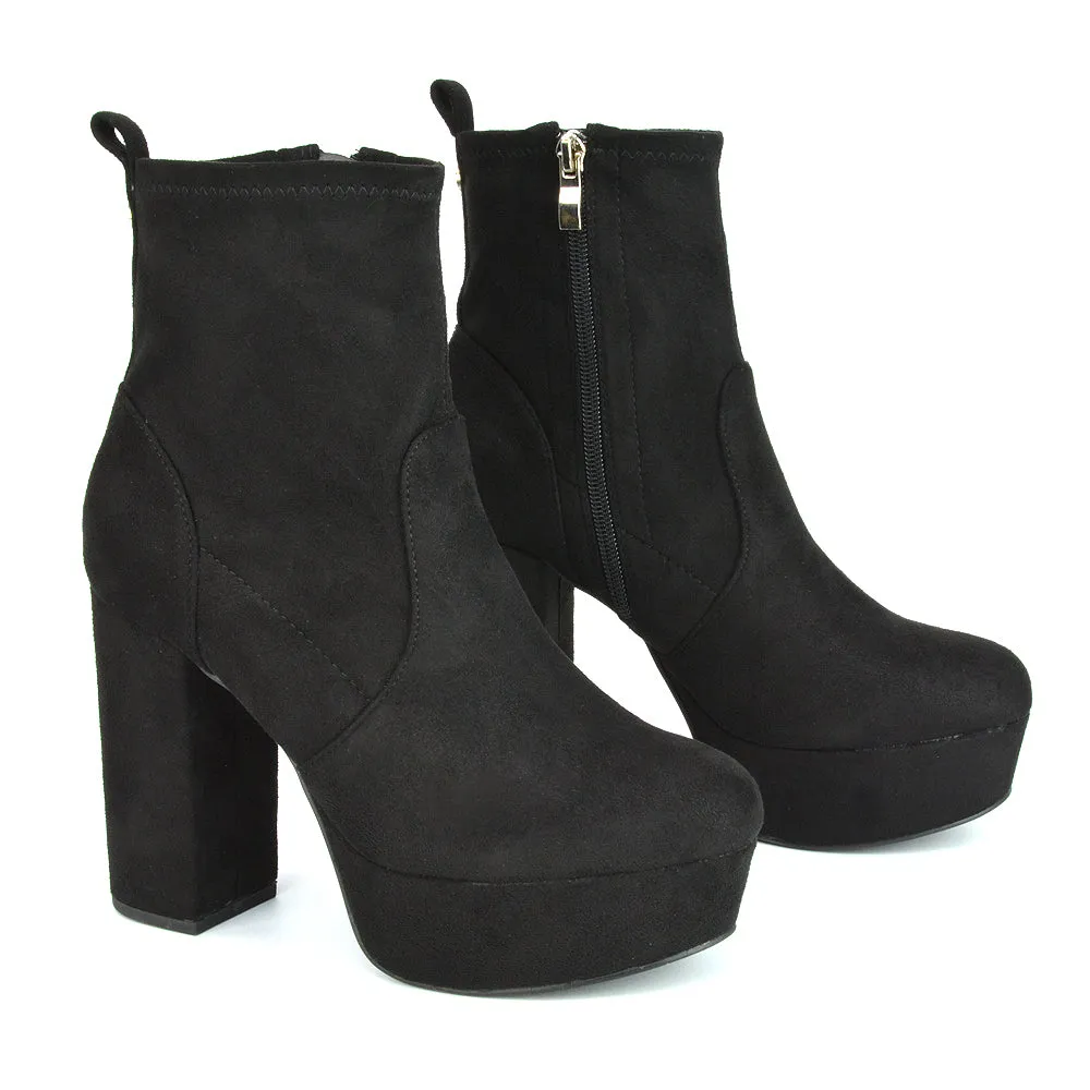 Sunny Platform Sock Ankle Boots Chunky Heeled Vegan Booties In Black Faux Suede