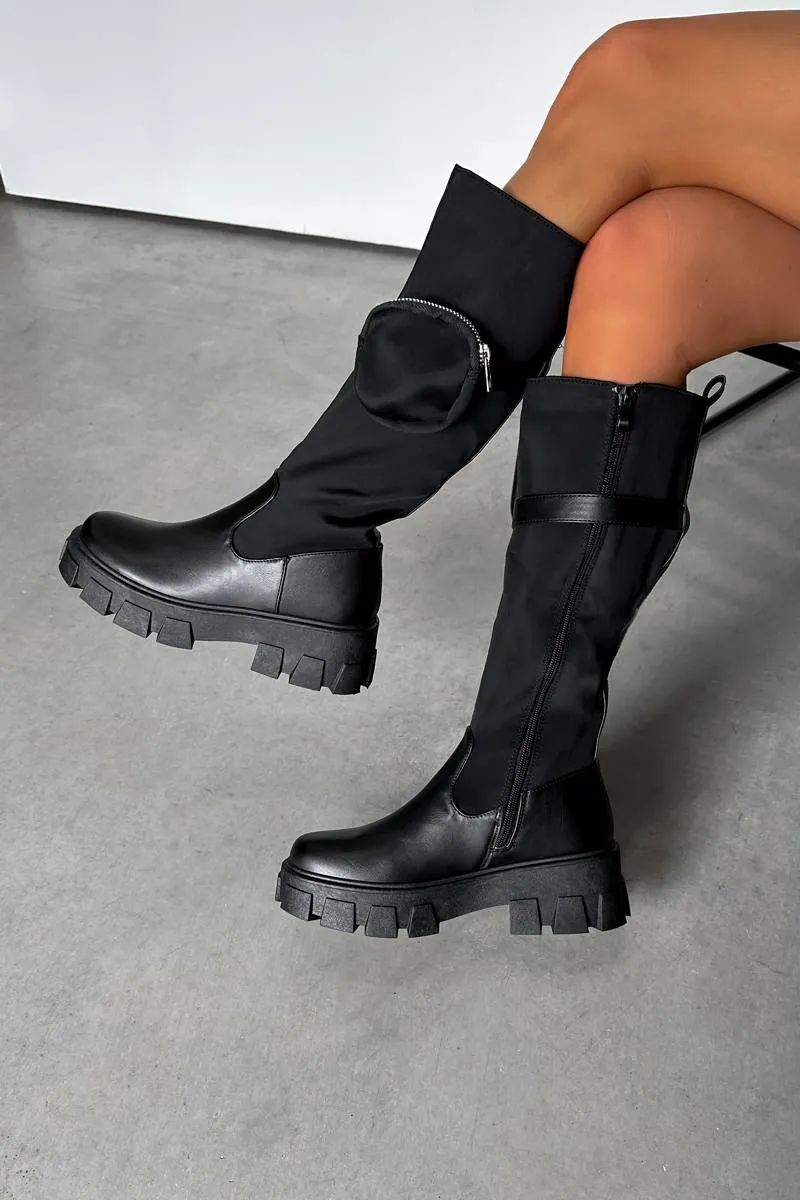 TURN UP Chunky Knee High Pocket Boots - Black