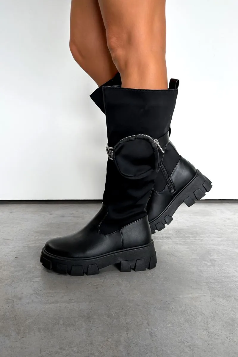 TURN UP Chunky Knee High Pocket Boots - Black
