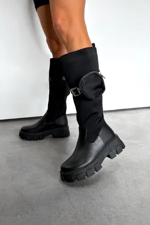 TURN UP Chunky Knee High Pocket Boots - Black