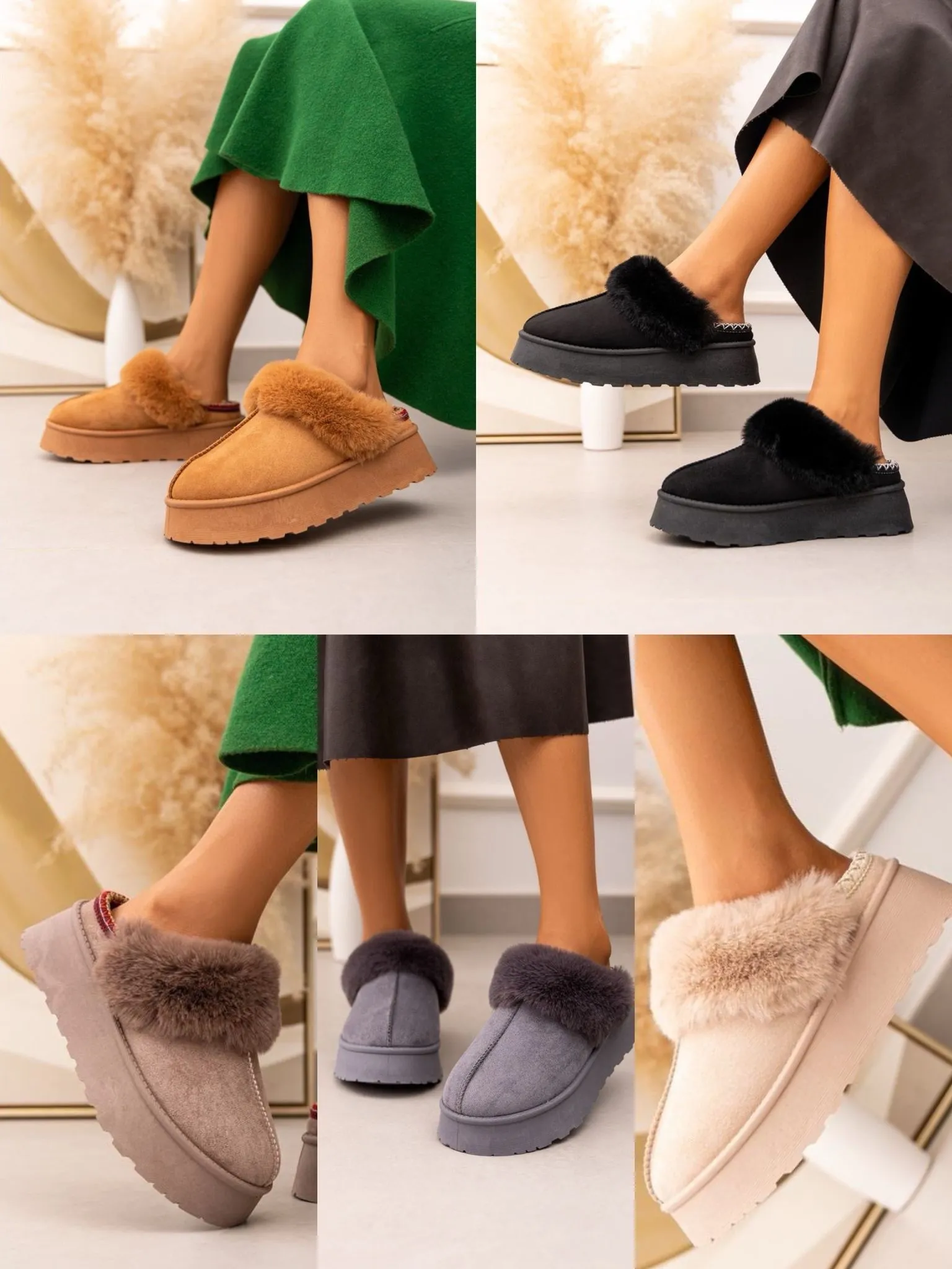 ULTRA MINI PLATFORM FLUFFY FURR ANKLE SLIPPERS IN TAUPE
