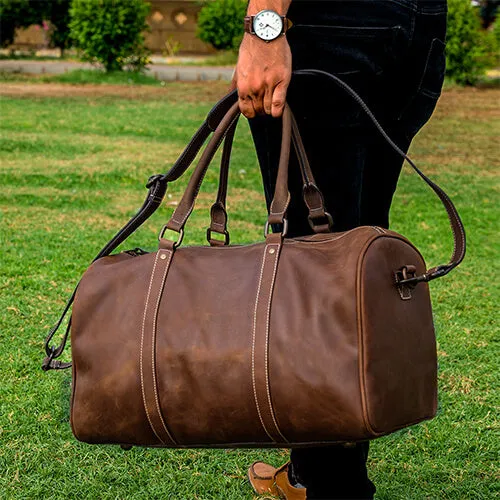 Vintage Leather Duffle Bag With Adjustable Shoulder Strap