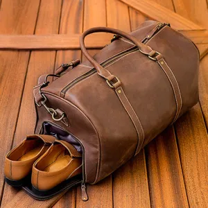Vintage Leather Duffle Bag With Adjustable Shoulder Strap